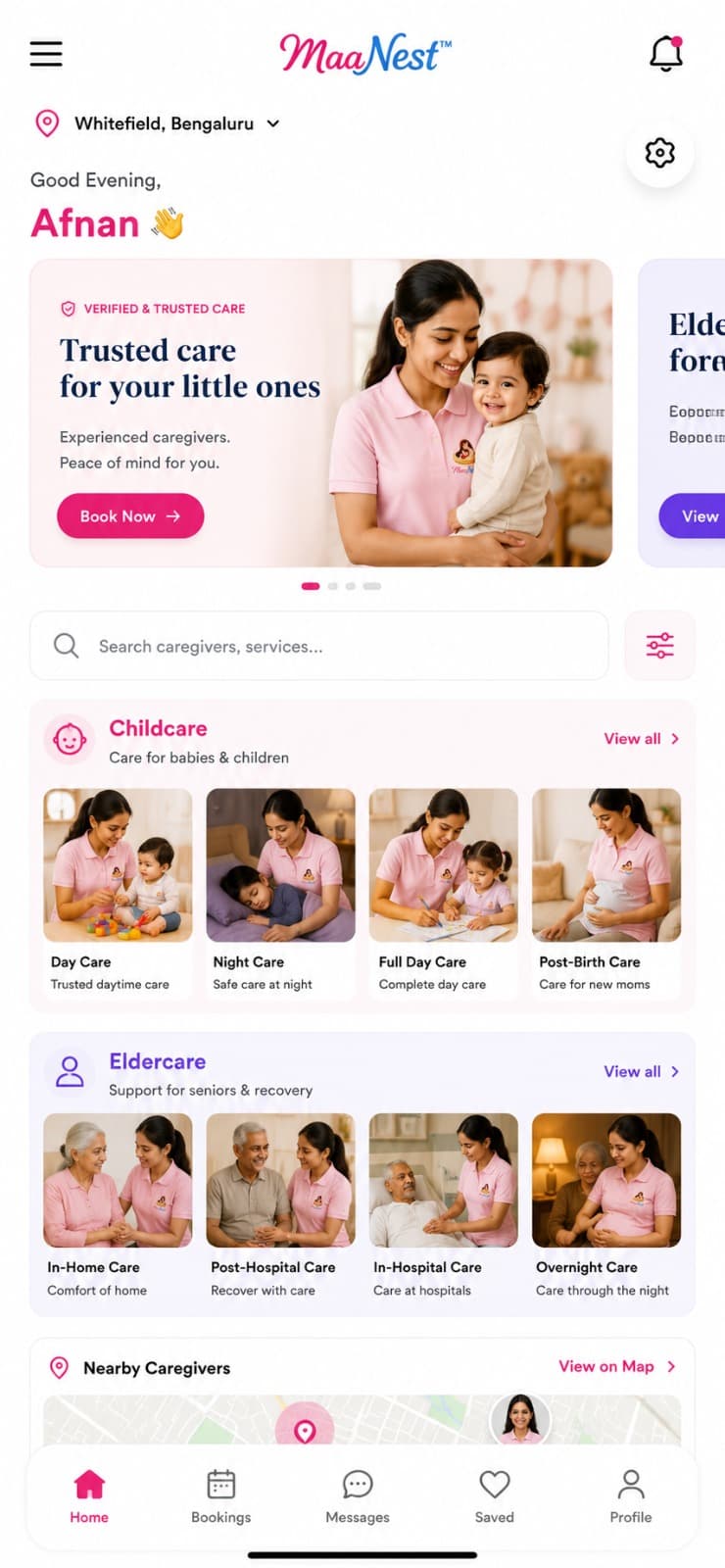 The Maa Nest app home screen showing verified caregivers available nearby