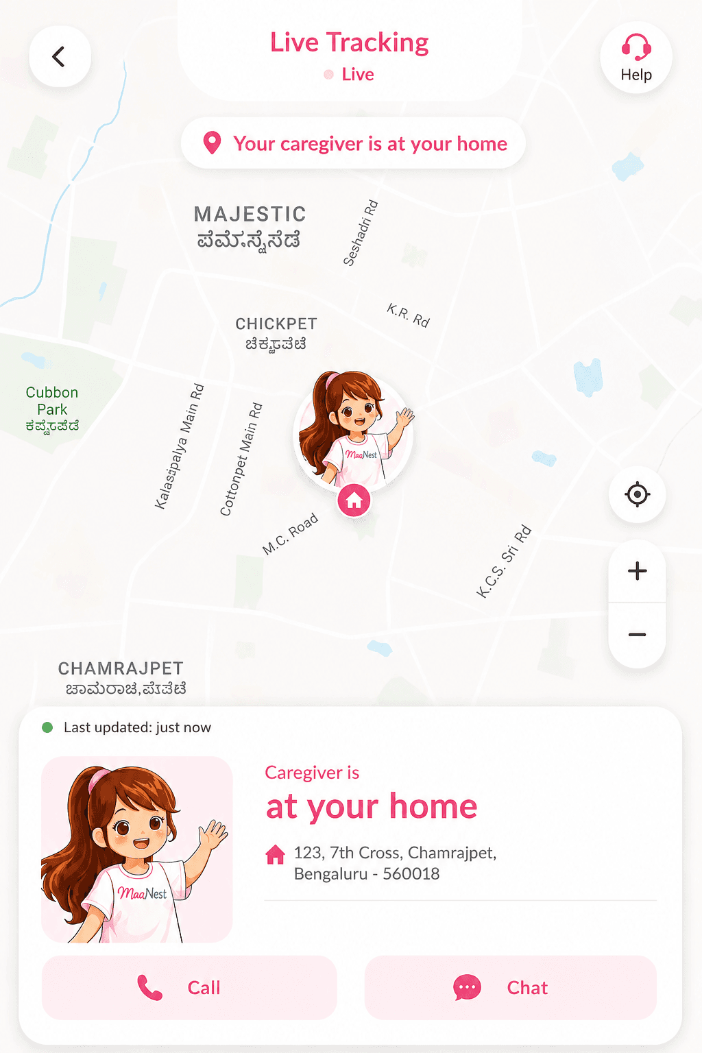 The Maa Nest app showing a caregiver’s live location on a map during an active care session