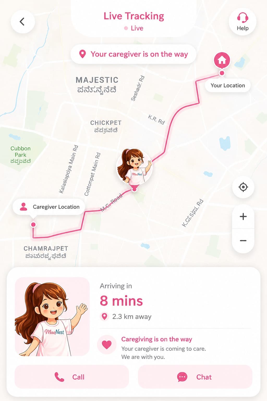 Maa Nest app — tracking a caregiver live